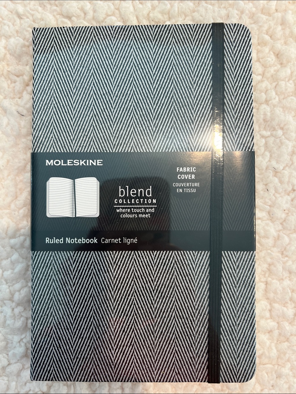 Moleskine Black & White Herringbone Fabric Ruled Notebook.  5 x 8.25”